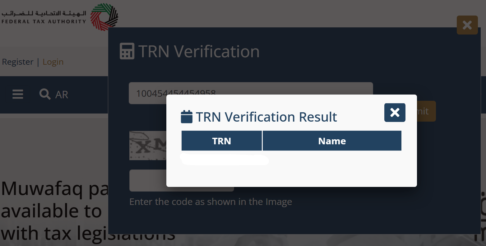 screenshot of TRN verification from website