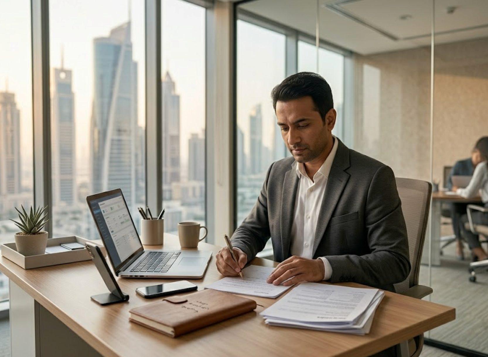 Professional completing UAE visa renewal paperwork in Dubai office setting.